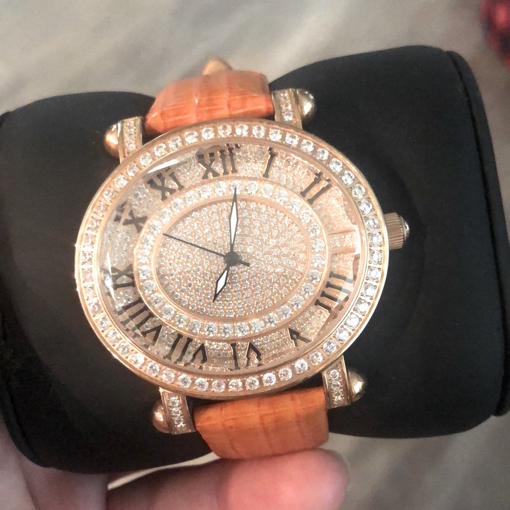 Rose Gold CZ Watch w/ Orange Leather Band